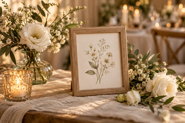Framed botanical artwork displayed with flowers on a wedding side table