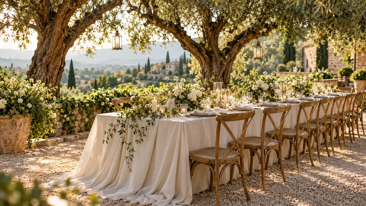 Long ivory wedding reception table beneath mature garden trees in late-afternoon light