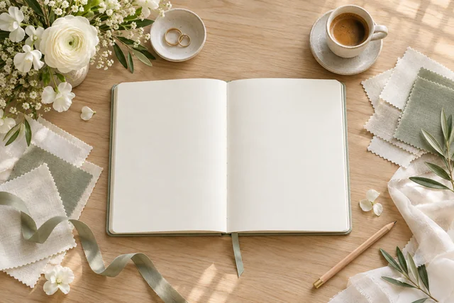 Open planning notebook with fabric swatches and espresso on a wooden table